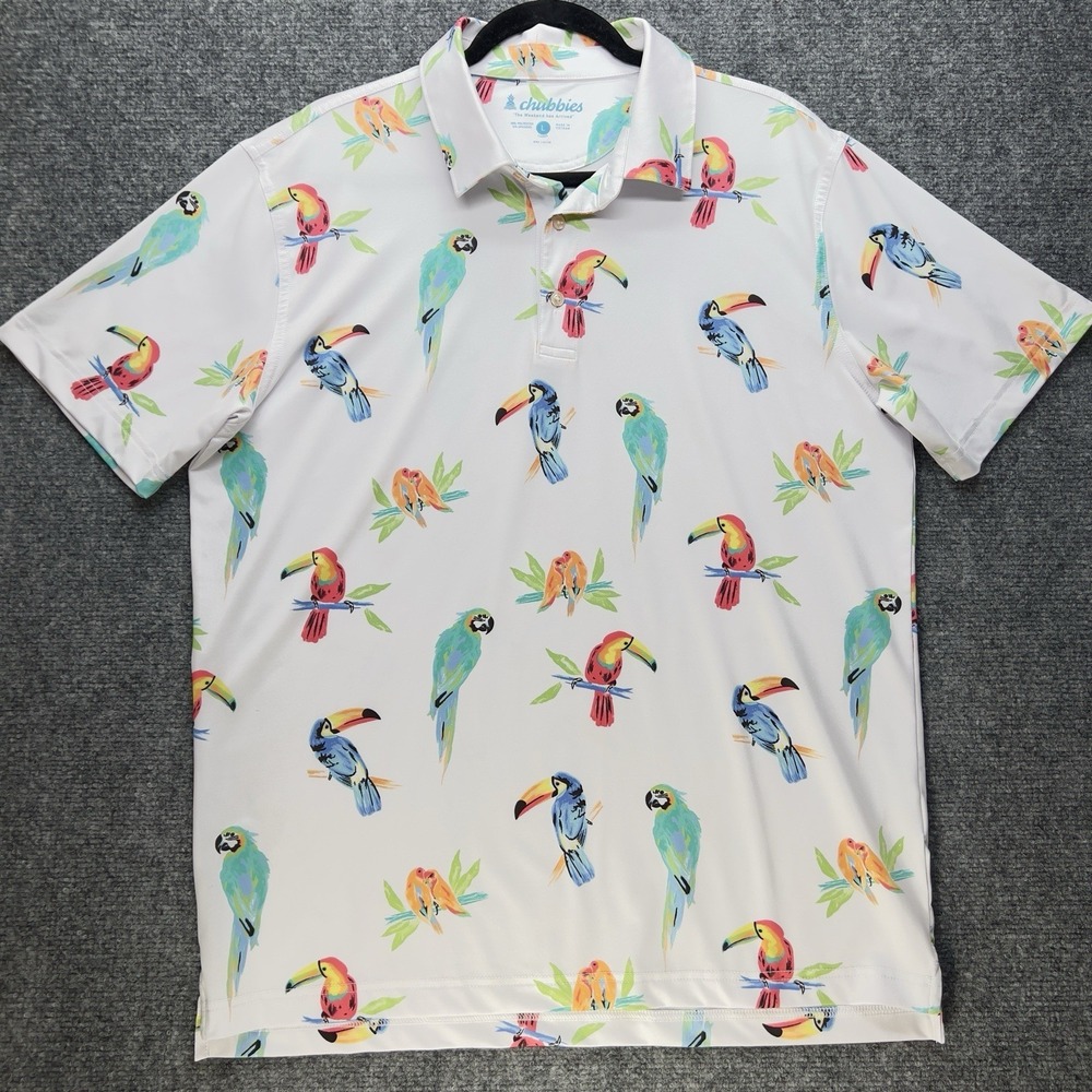 Chubbies Golf Polo Shirt Men's Large Parrot Toucan Bird Print Short Sleeve White